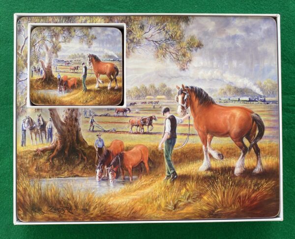 'Working Horses' placemats and matching coasters set. Artwork by Almar Zaastra