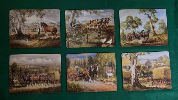 'Working Horses' Placemats are 6 placemats featuring the working horse in action. Artwork is by the Australian artist Alma Zaadstra.