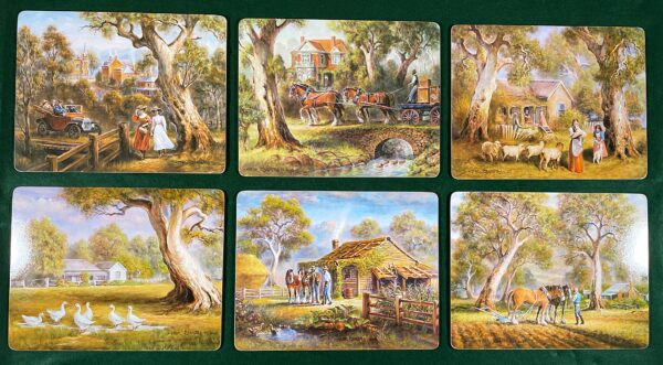 'Home Among the Gum Trees' Placemats feature Aalma Zadstra's spectacular Australiana paintings of the Clydesdale horse and farm scenes.